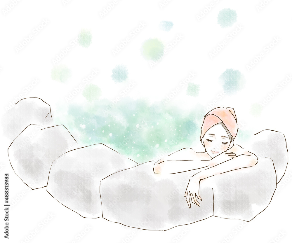 露天風呂でリラックスする女性のイラスト 美容効果のある温泉