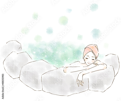 Obraz na płótnie 露天風呂でリラックスする女性のイラスト 美容効果のある温泉 w salonie
