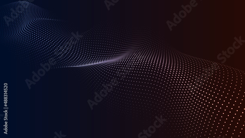 Glowing digital 3d wave. Futuristic dark background with dynamic particles. Vector illustration.