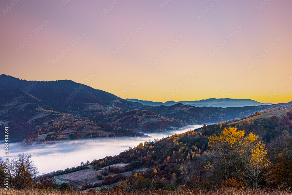 Hill with trees against gorge covered with fog in autumn