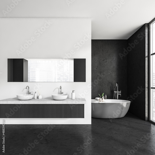 black and white bathroom interior with bathtub  double sink  panoramic window with city view  empty walls  concrete floor. Concept of hygienic and spa procedures for health. 3d rendering