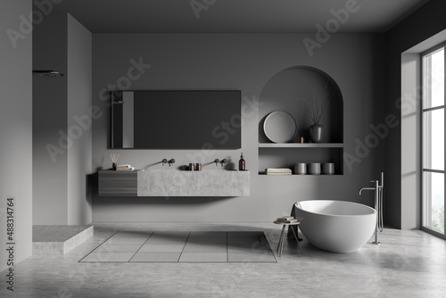 Modern bathroom interior with ceramic bathtub  double sink  mirror  shower. Gray walls  concrete flooring. Panoramic window. 3d rendering.