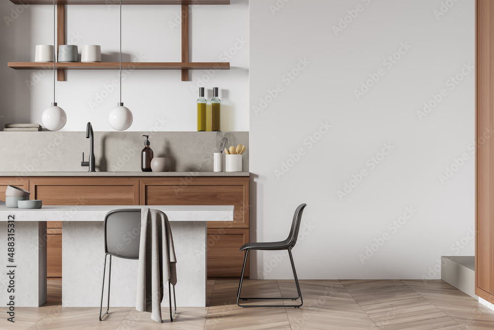 Bright kitchen room interior with empty white wall, dining table Bright kitchen room interior with empty white wall, dining table