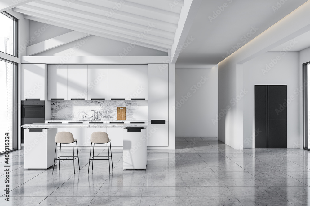 Fototapeta premium Bright kitchen room interior with sink, panoramic window