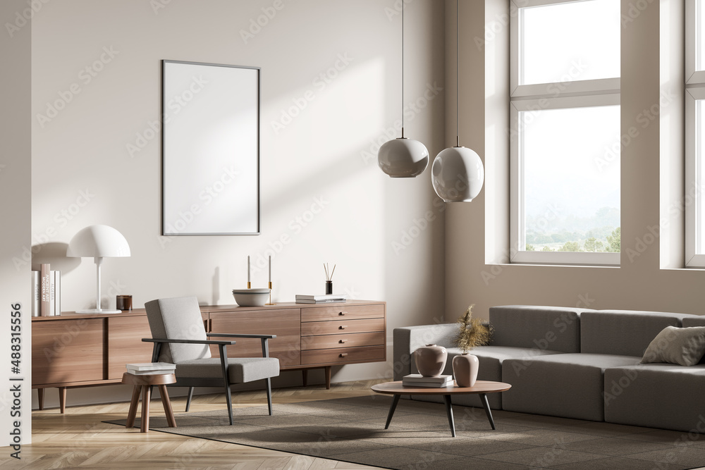 Fototapeta premium Light guest room interior with seats and commode, window and mockup poster