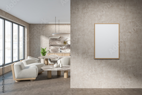 Bright kitchen room interior with empty white poster, dining table