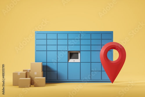 Terminal post with monitor, map pointer and cardboard box on the floor
