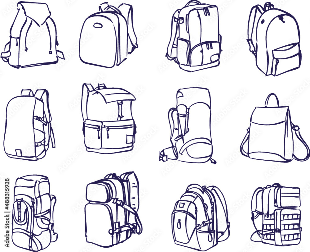 vector set of backpacks. Sketches of siluets vector set of backpacks. Sketches of siluets