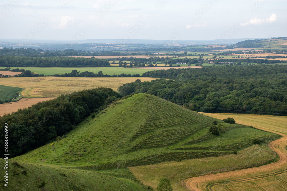 Panoramic views of the Wiltshire countryside from Cley Hill near Warminster. July 2021