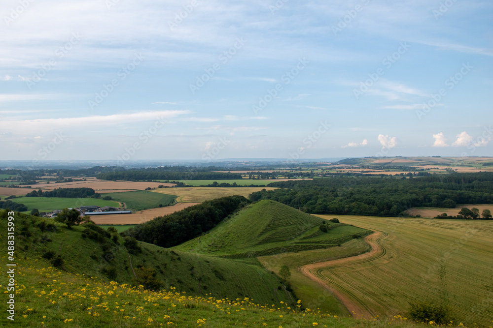 Panoramic views of the Wiltshire countryside from Cley Hill near Warminster. July 2021