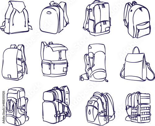 vector set of backpacks. Sketches of siluets