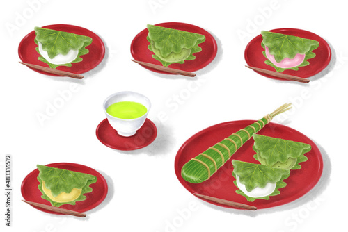 Japanese sweets (4 types of Kashiwa mochi and chimaki) set drawn with digital watercolor photo