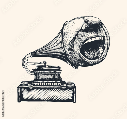 Gramophone and singing mouth. Surreal musical symbol for your design. Vector illustration