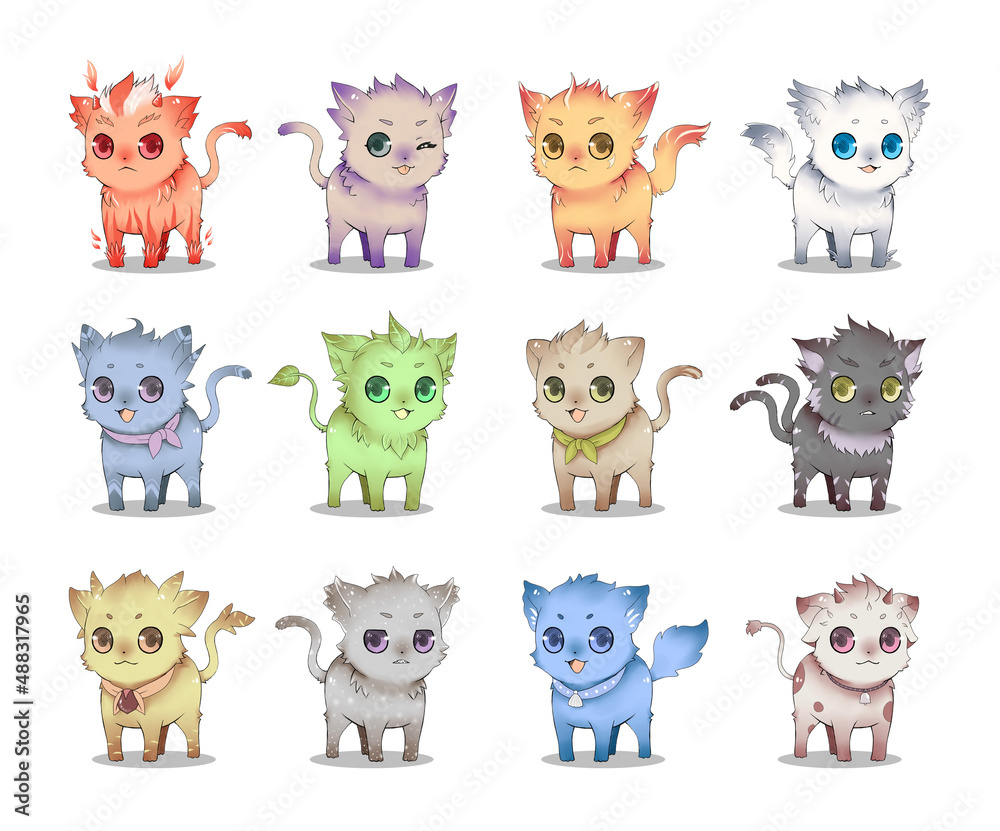 Fototapeta premium Kawaii Mascot Kitten Characters Collection Cute Animals Set