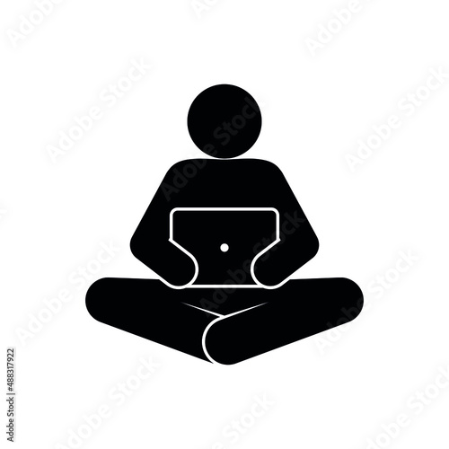icon man with computer, stick figure stickman sitting and holding laptop, isolated human silhouette