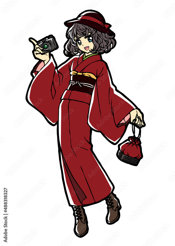Anime style full body illustration of a kimono girl with a camera