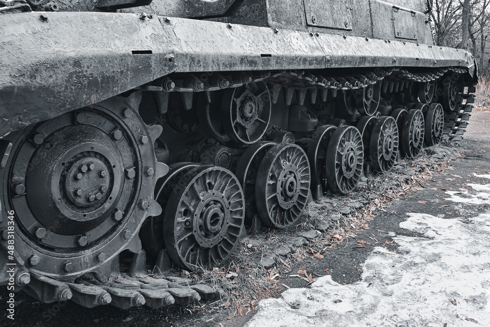 tank caterpillar close-up. tank on the move. civil defense. military equipment in battle.