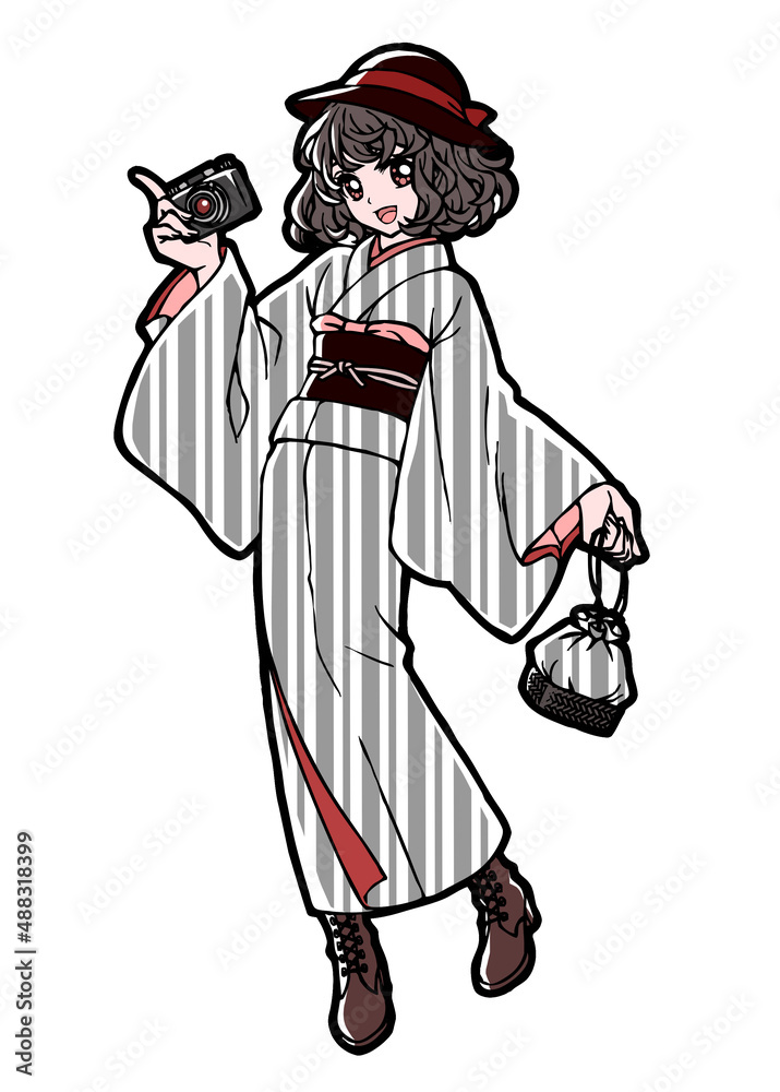 Anime style full body illustration of a kimono girl with a camera