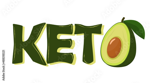 vector illustration on the topic of Keto diet. The word Keto with avocado instead of the letter O at the end. The concept of healthy food, Low-carb ketogenic diet food.