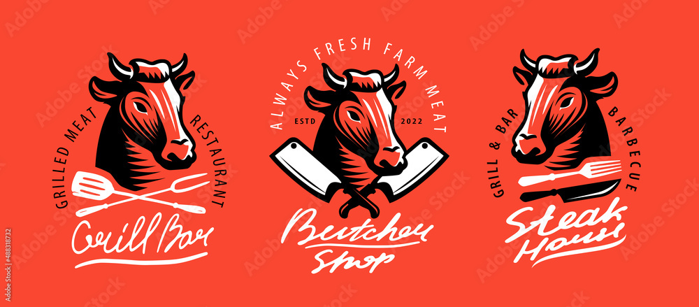 Bull head, meat beef logo. Emblem for farm meat market packaging and barbecue restaurant menu decoration Bull head, meat beef logo. Emblem for farm meat market packaging and barbecue restaurant menu decoration
