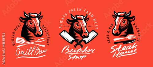 Bull head, meat beef logo. Emblem for farm meat market packaging and barbecue restaurant menu decoration