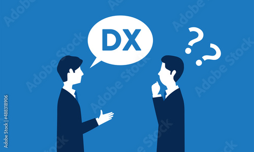 Foto DXが理解できない経営者のイメージイラスト、青バック、ベクター