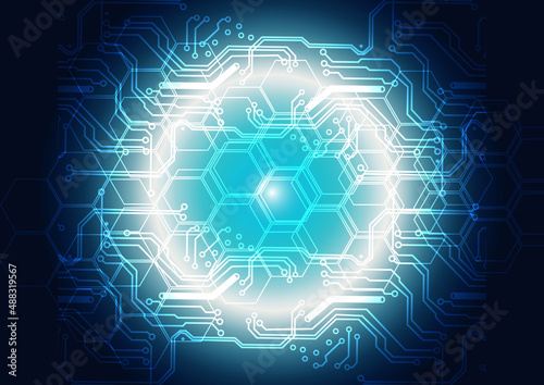 Abstract technology futuristic digital circuit and hexagon with light glowing on dark blue background, illustration vector design background.