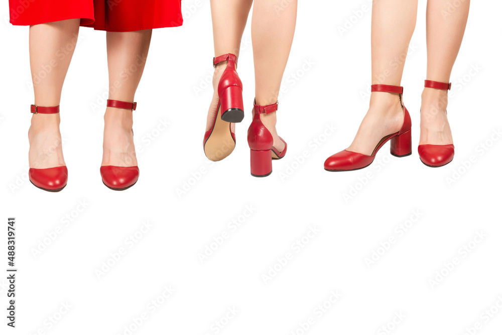 Woman in red dress and in retro red sandals on heels. Woman in red dress and in retro red sandals on heels.