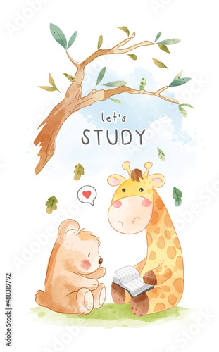 Fototapeta Naklejka Na Ścianę i Meble -  Cute cartoon bear and giraffe reading a book under tree branch 