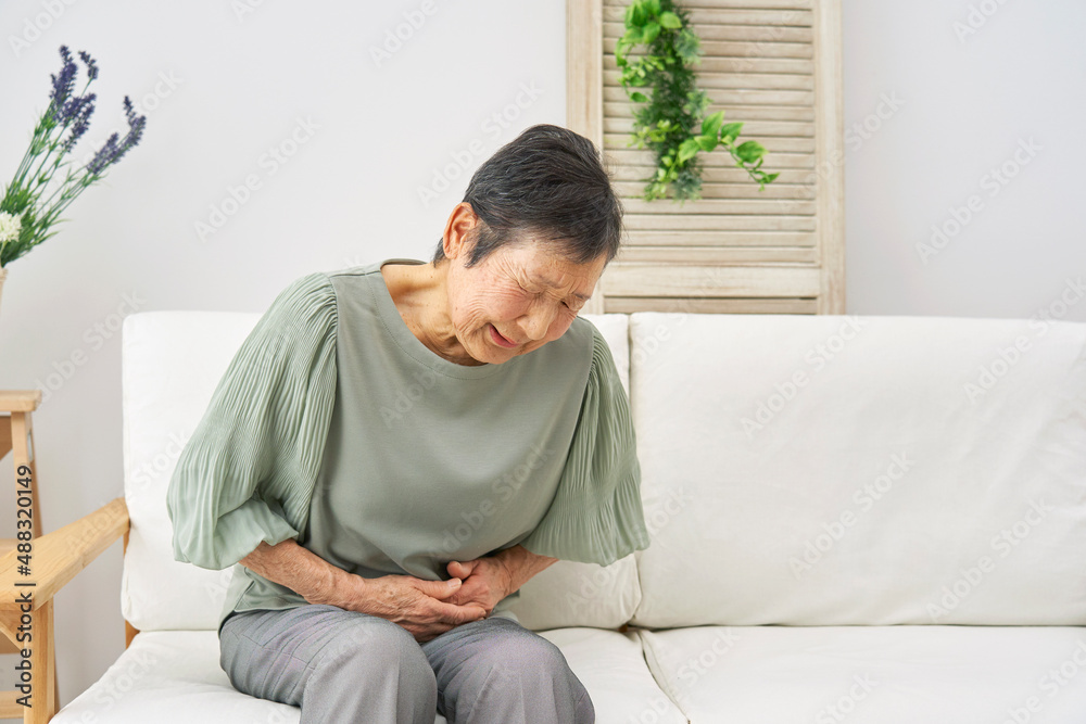 お腹が痛い高齢女性 リビング お腹が痛い高齢女性 リビング