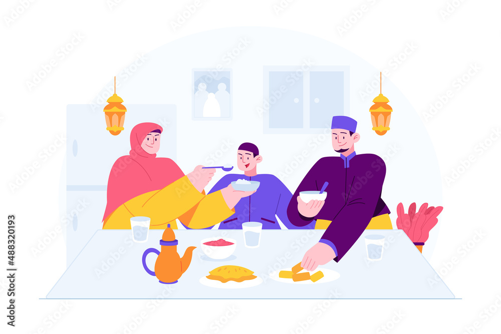 Ramadan Kareem Mubarak concept vector Illustration idea for landing page template, Islamic family Iftar party dates, people praying before breakfasting for the holy month, Hand drawn Flat Style