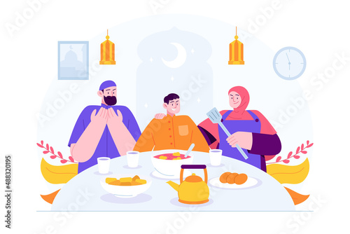 Ramadan Kareem Mubarak concept vector Illustration idea for landing page template, Islamic family Iftar party dates, people praying before breakfasting for the holy month, Hand drawn Flat Style