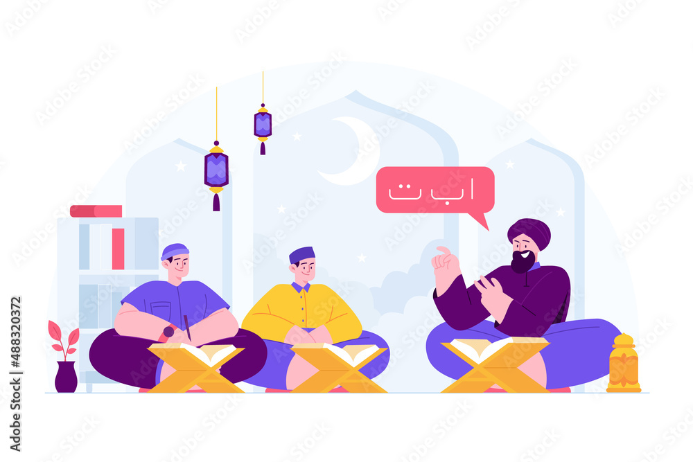 Ramadan Kareem Mubarak concept vector Illustration idea for landing page template, Islamic family learning quran, the holy book, people praying on the holy month, iftar, Hand drawn Flat Style