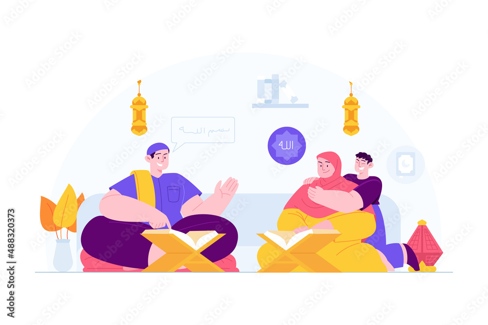 Ramadan Kareem Mubarak concept vector Illustration idea for landing page template, Islamic family learning quran, the holy book, people praying on the holy month, iftar, Hand drawn Flat Style