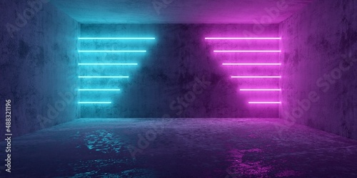 Horizontal blue and pink cyberpunk neon lights abstract background frame in modern concrete room
