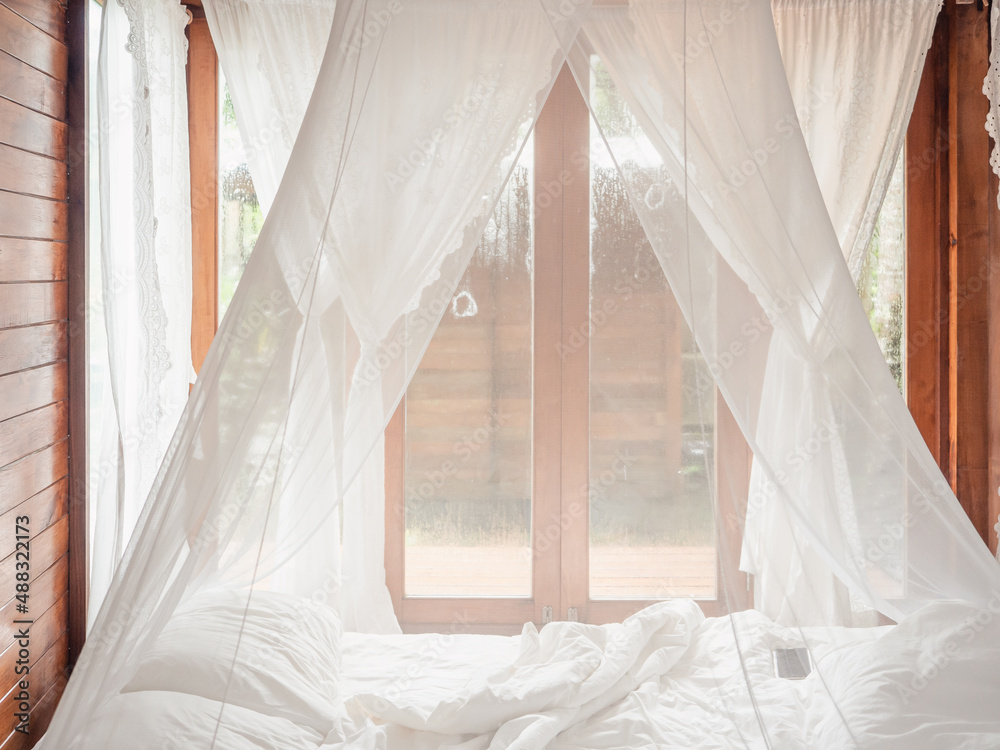 Mosquito net and bed in hotel room Mosquito net and bed in hotel room