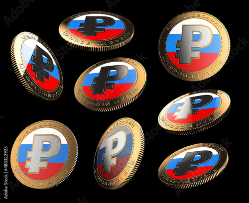 Digital currency of the Russian ruble. Gold coin with the symbol of the ruble and the flag of Russia. The inscription 