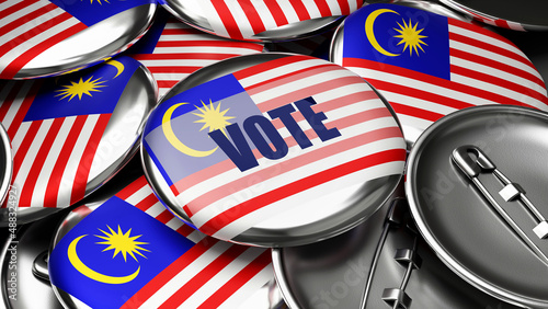 Vote in Malaysia - national flag of Malaysia on dozens of pinback buttons symbolizing upcoming Vote in this country. , 3d illustration