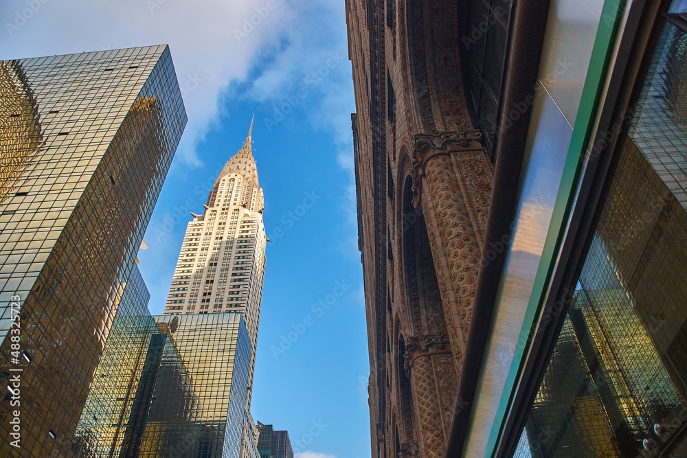 View of midtown Manhattan in New York City with landmark skyscraper Chrysler Building
