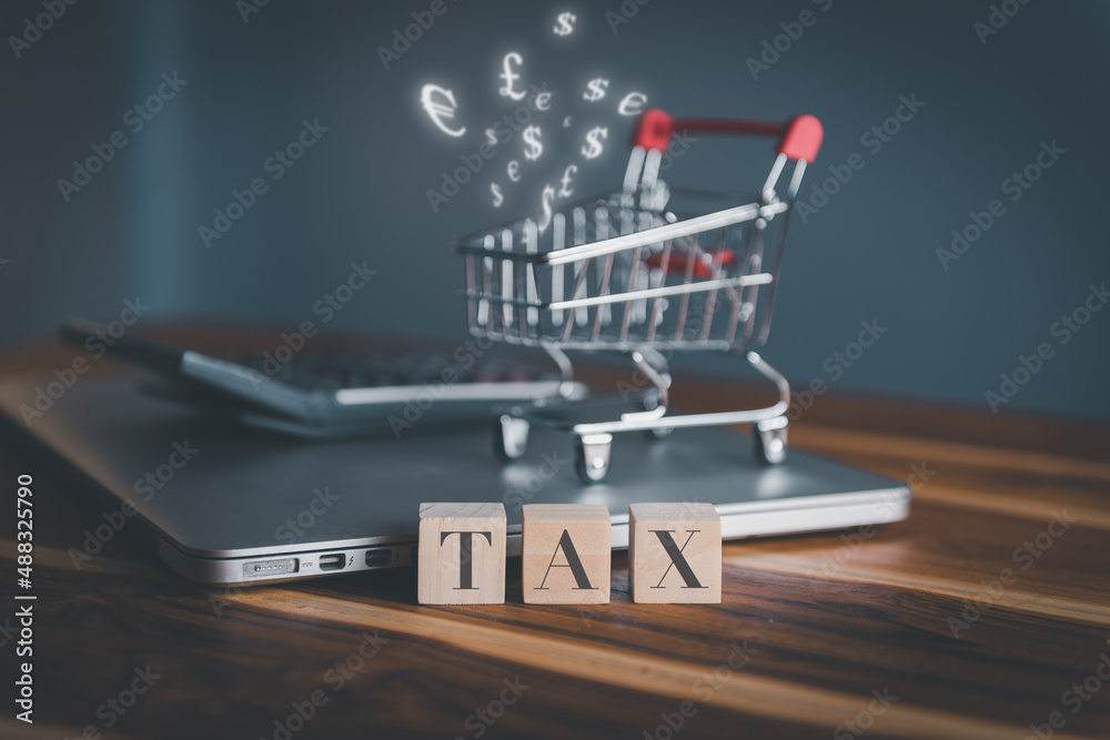 Tax Payment and E-commerce Store Concept, Earning Income Taxation for Ecommerce Online Shop. Customers Tax Discount for Shopping Online.