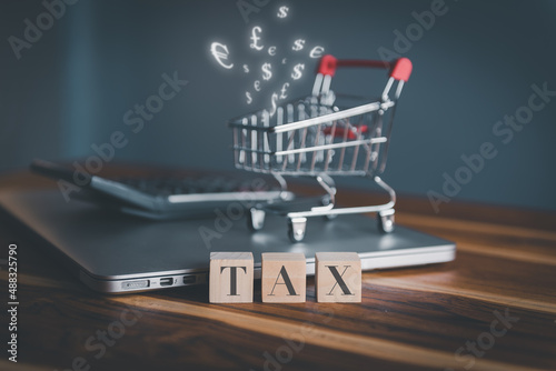 Tax Payment and E-commerce Store Concept, Earning Income Taxation for Ecommerce Online Shop. Customers Tax Discount for Shopping Online.