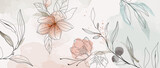 Floral hand drawn background. Botanical line art wallpaper with flowers, branches and eucalyptus leaves. Design in red and green shades watercolor texture for banner, prints, wall art and home decor.