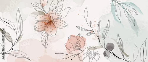 Fototapeta Floral hand drawn background. Botanical line art wallpaper with flowers, branches and eucalyptus leaves. Design in red and green shades watercolor texture for banner, prints, wall art and home decor.