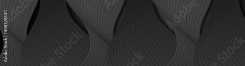 Black minimal waves and lines abstract futuristic tech background. Vector digital banner design
