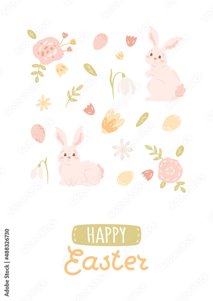 Cute rabbit, Happy Easter card with flowers, eggs, leaves in pastel colors. Hand written text. Vector illustration. Spring composition with animals and bloom.