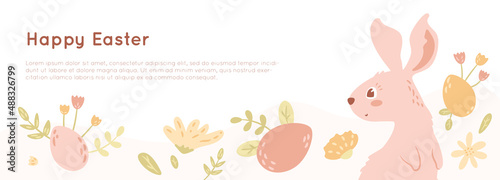 Easter banner concept with bunny, eggs, flowers, leaves and branches. Cute animal in cartoon style. Spring vector horizontal illustration.