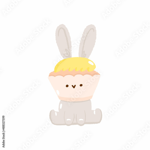 Cute easter hunt egg bunny cupcake with rabbit ears, concept spring religious holiday, baby icon, cartoon hare doodle vector illustration, isolated on white.