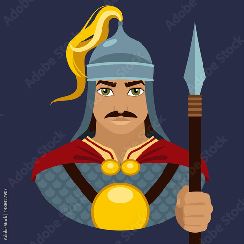 Bogatyr. The avatar of a man in an ancient helmet, chain mail and a red cloak holds a pike in his hand. Historical military costumes. Flat illustration.