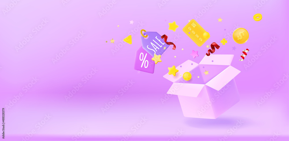 Open box with surprize. Season Sale concept. 3d vector banner with copy space