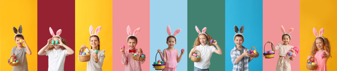 Set of cute children with bunny ears and Easter eggs on colorful background